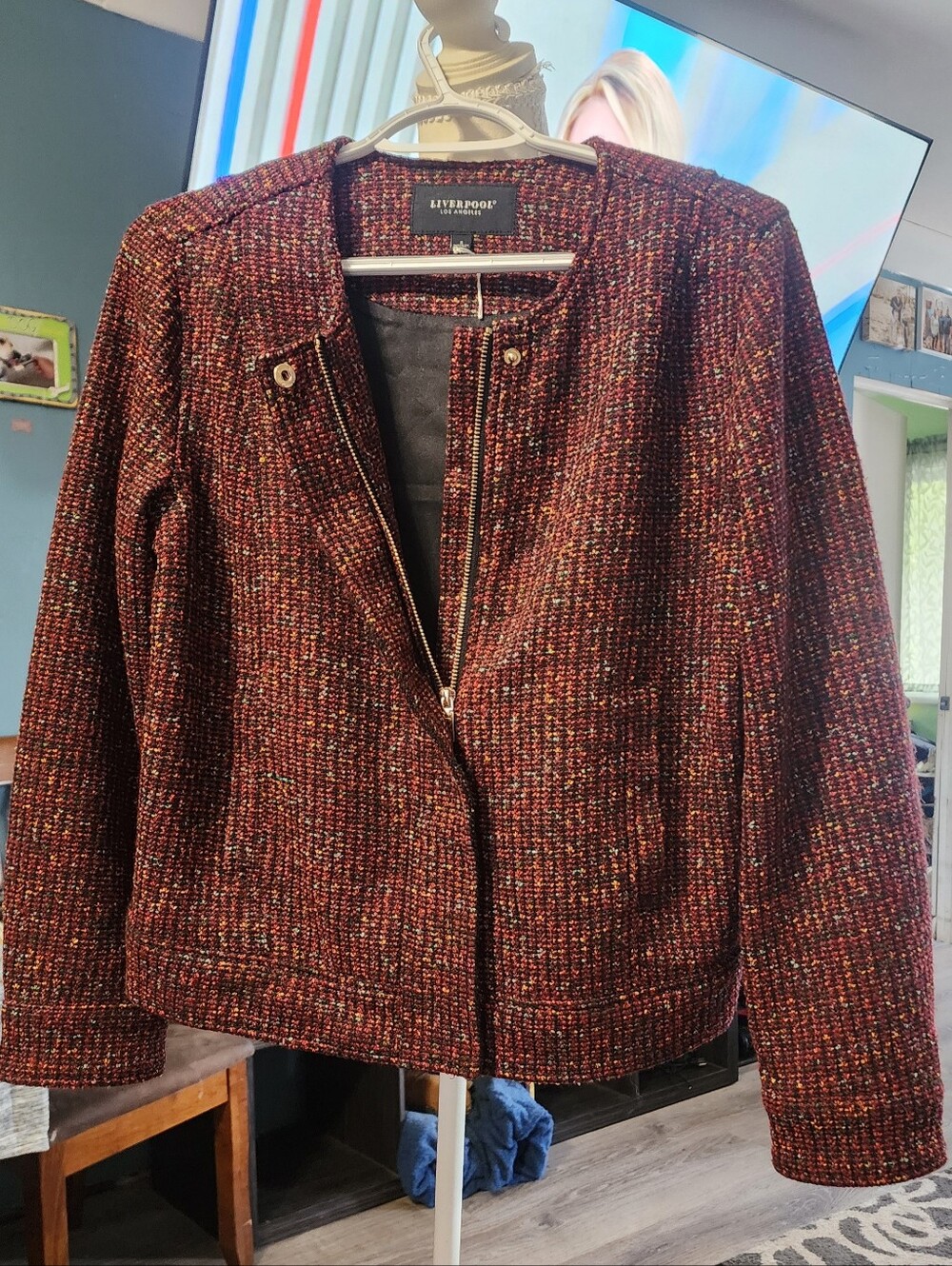 Liverpool Women's Red Multi-Color Tweed Zip Jacket Sz SM NWT